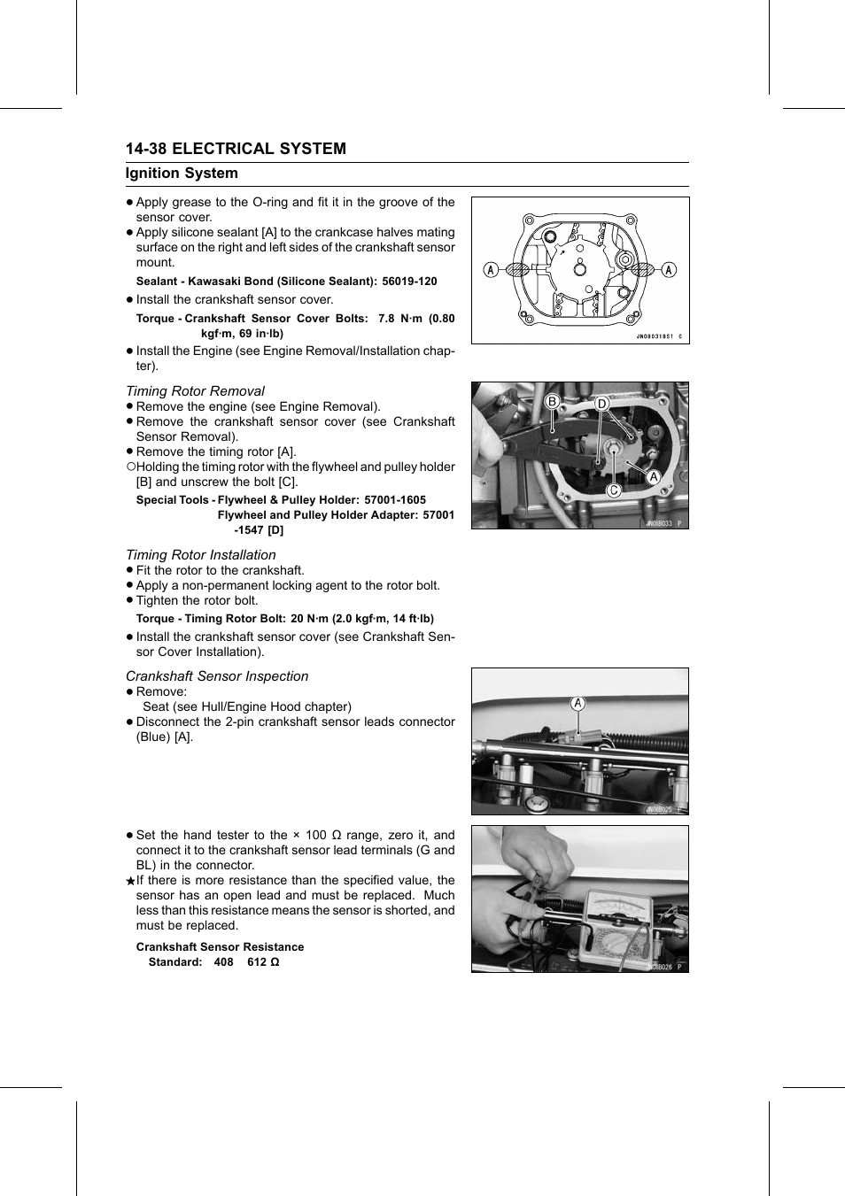 Crankshaft sensor resistance, Sealant, Torque | Timing rotor removal, Special tools, Timing rotor installation, Crankshaft sensor inspection | Kawasaki STX-15F User Manual | Page 364 / 438