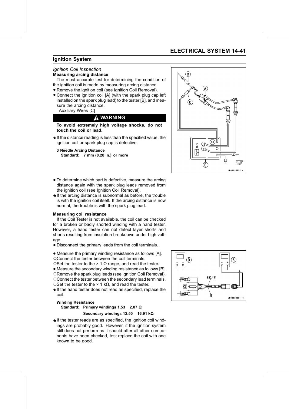 3 needle arcing distance, Winding resistance, Ignition coil inspection | Kawasaki STX-15F User Manual | Page 367 / 438