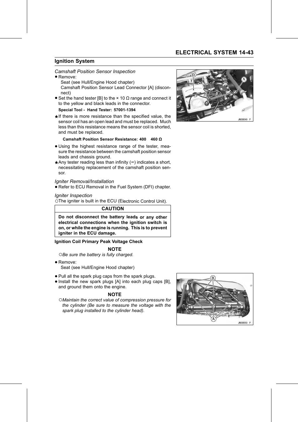 Camshaft position sensor inspection, Special tool, Igniter removal/installation | Igniter inspection, Camshaft position | Kawasaki STX-15F User Manual | Page 369 / 438