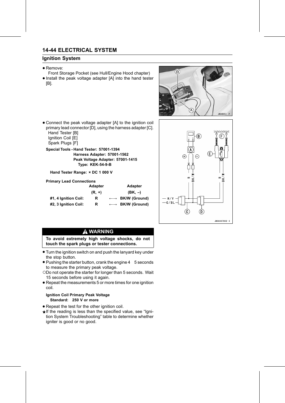 Primary lead connections, Ignition coil primary peak voltage, Special tools | Kawasaki STX-15F User Manual | Page 370 / 438