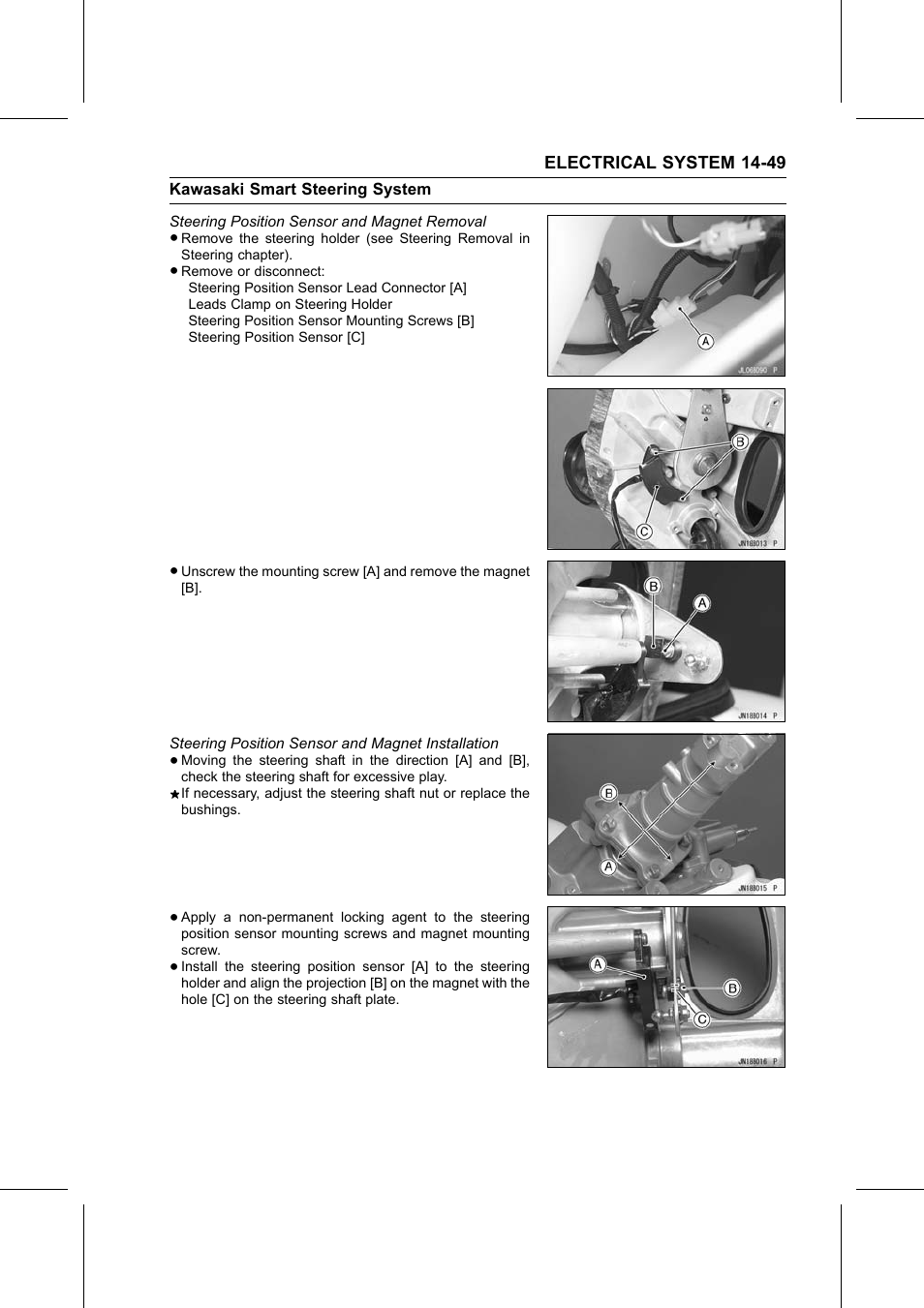 Steering position sensor and magnet removal, Steering position sensor and magnet installation, Kawasaki smart steering system | Steering positio | Kawasaki STX-15F User Manual | Page 375 / 438