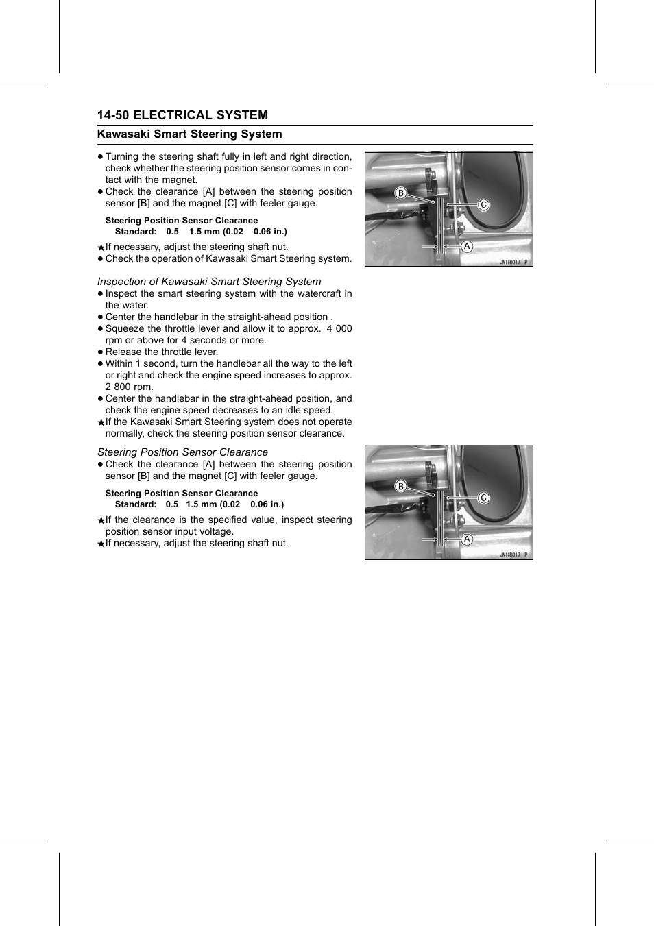 Steering position sensor clearance, Inspection of kawasaki smart steering system, Inspection of kawasaki | Steering position | Kawasaki STX-15F User Manual | Page 376 / 438