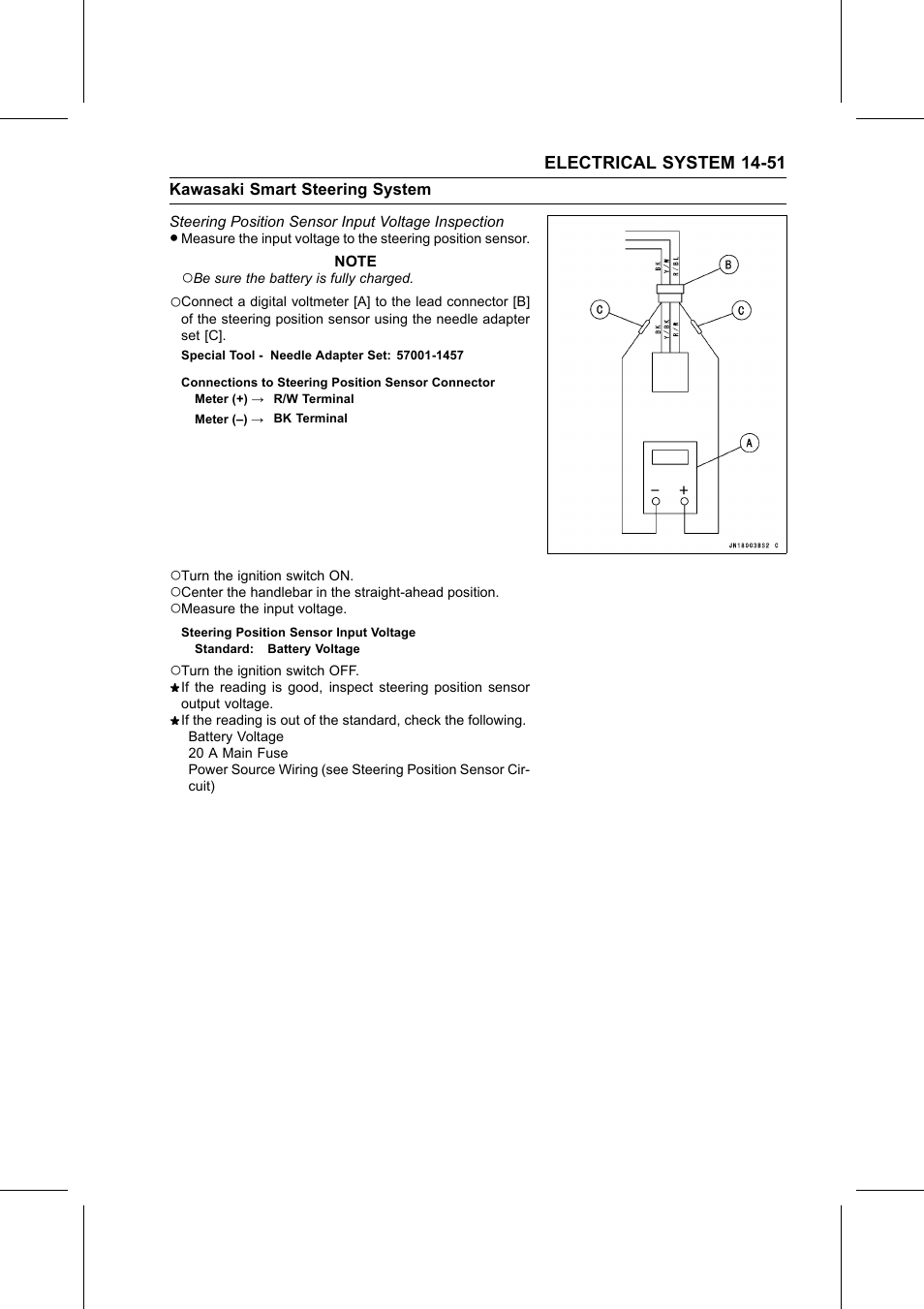 Connections to steering position sensor connector, Steering position sensor input voltage, Steering position sensor input voltage inspection | Special tool, Steering position | Kawasaki STX-15F User Manual | Page 377 / 438