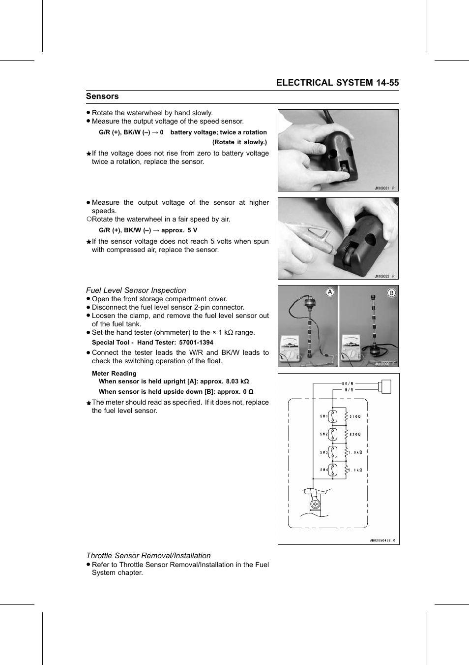 Meter reading, Fuel level sensor inspection, Special tool | Throttle sensor removal/installation, Throttle sensor | Kawasaki STX-15F User Manual | Page 381 / 438