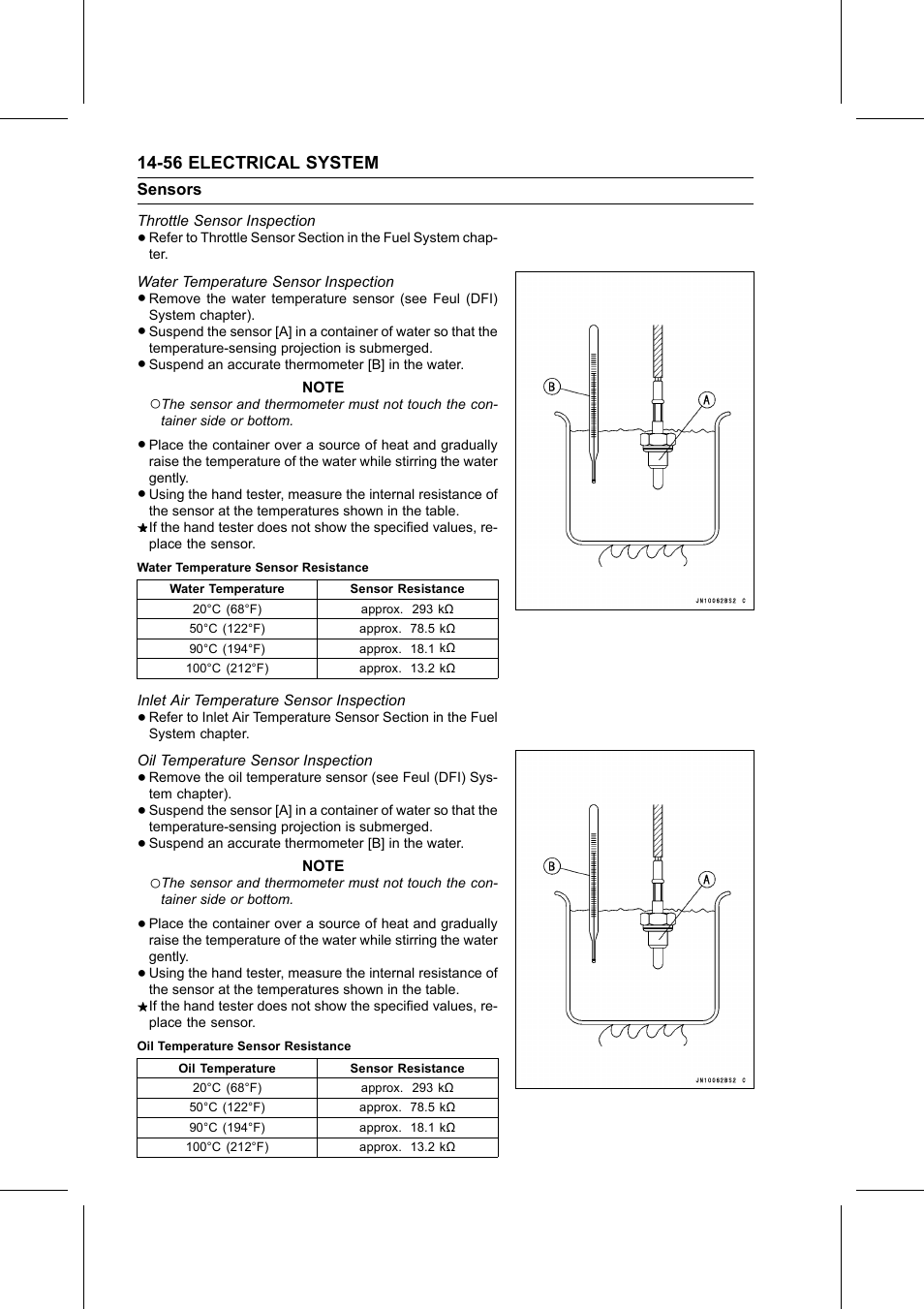 Water temperature sensor resistance, Oil temperature sensor resistance, Throttle sensor inspection | Water temperature sensor inspection, Inlet air temperature sensor inspection, Oil temperature sensor inspection, Water temperature, Inlet air temperature, Oil temperature | Kawasaki STX-15F User Manual | Page 382 / 438