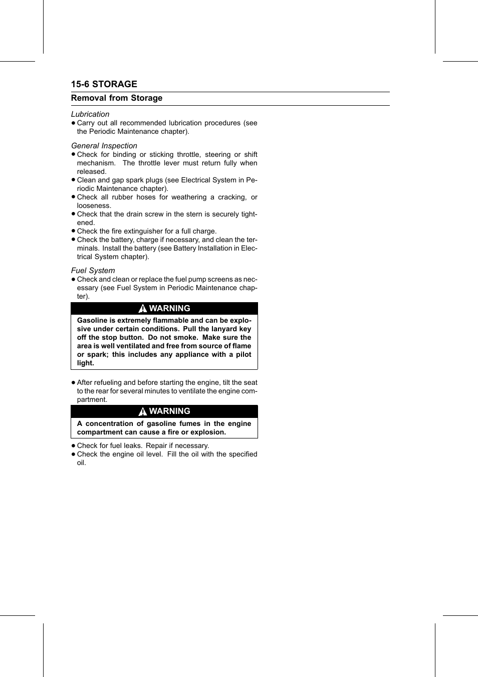 Lubrication, General inspection, Fuel system | Removal from storage | Kawasaki STX-15F User Manual | Page 400 / 438