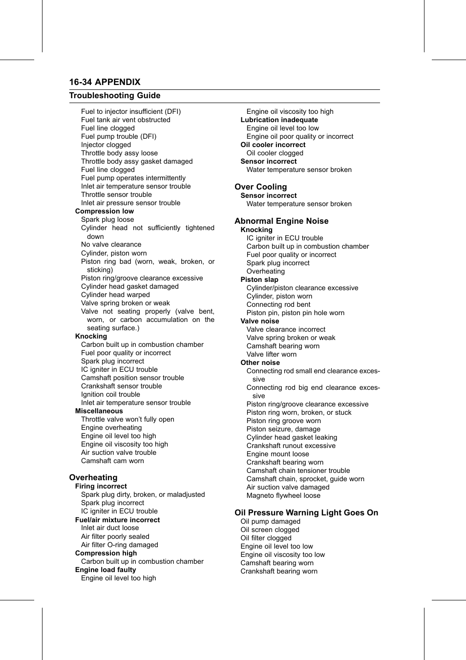 Compression low, Knocking, Miscellaneous | Overheating, Firing incorrect, Fuel/air mixture incorrect, Compression high, Engine load faulty, Lubrication inadequate, Oil cooler incorrect | Kawasaki STX-15F User Manual | Page 436 / 438