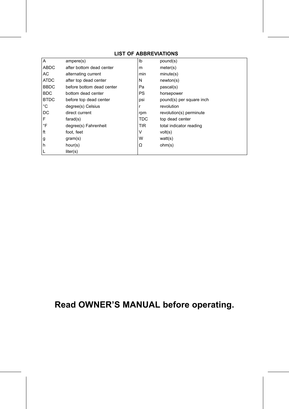 List of abbreviations, Read owner's manual before operating, Read owner’s manual before operating | Kawasaki STX-15F User Manual | Page 6 / 438