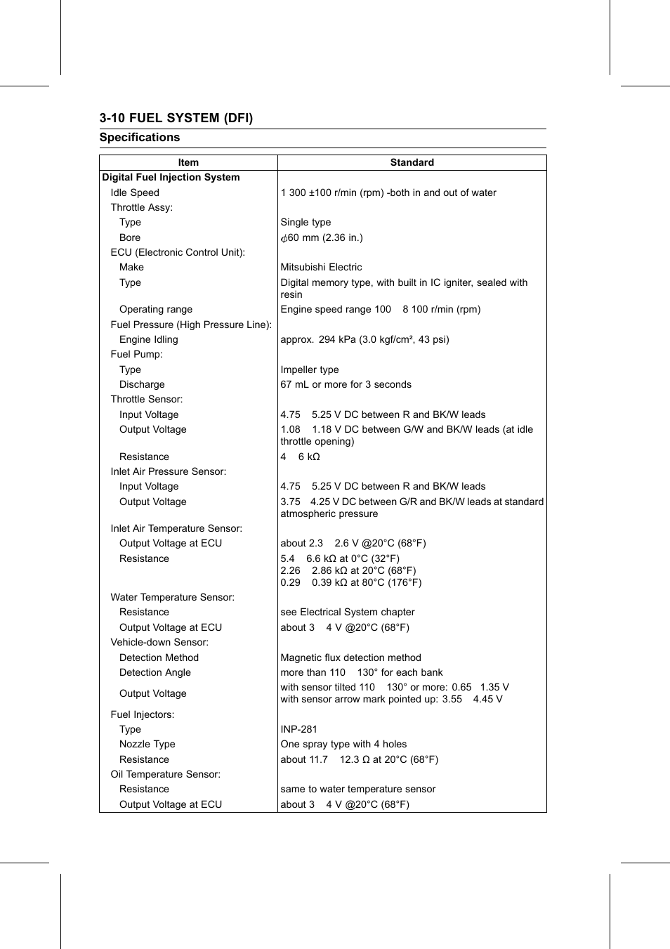 Specifications, 10 fuel system (dfi) | Kawasaki STX-15F User Manual | Page 64 / 438