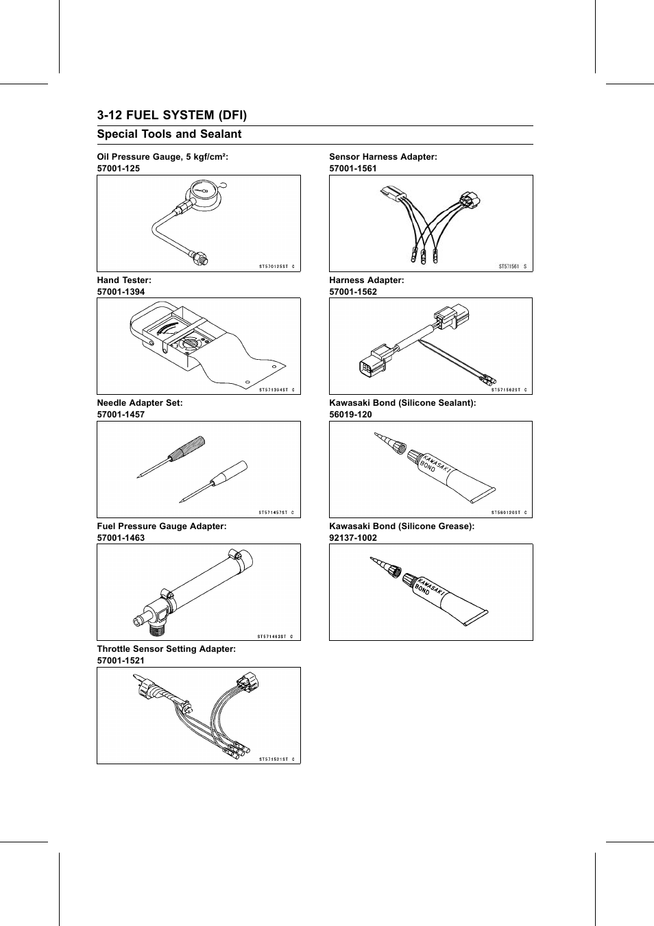 Oil pressure gauge, 5 kgf/cm, Special tools and sealant, 12 fuel system (dfi) | Kawasaki STX-15F User Manual | Page 66 / 438