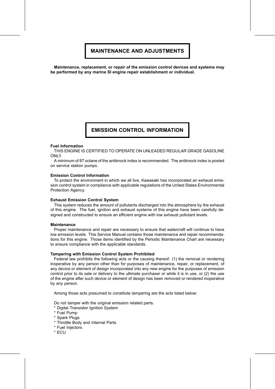 Maintenance and adjustments, Emission control information | Kawasaki STX-15F User Manual | Page 7 / 438