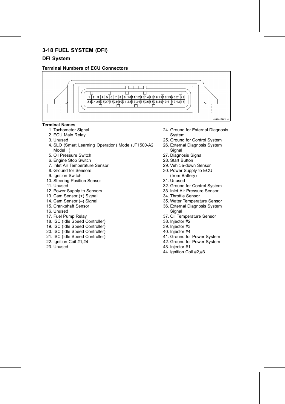 Terminal numbers of ecu connectors, 18 fuel system (dfi) | Kawasaki STX-15F User Manual | Page 72 / 438