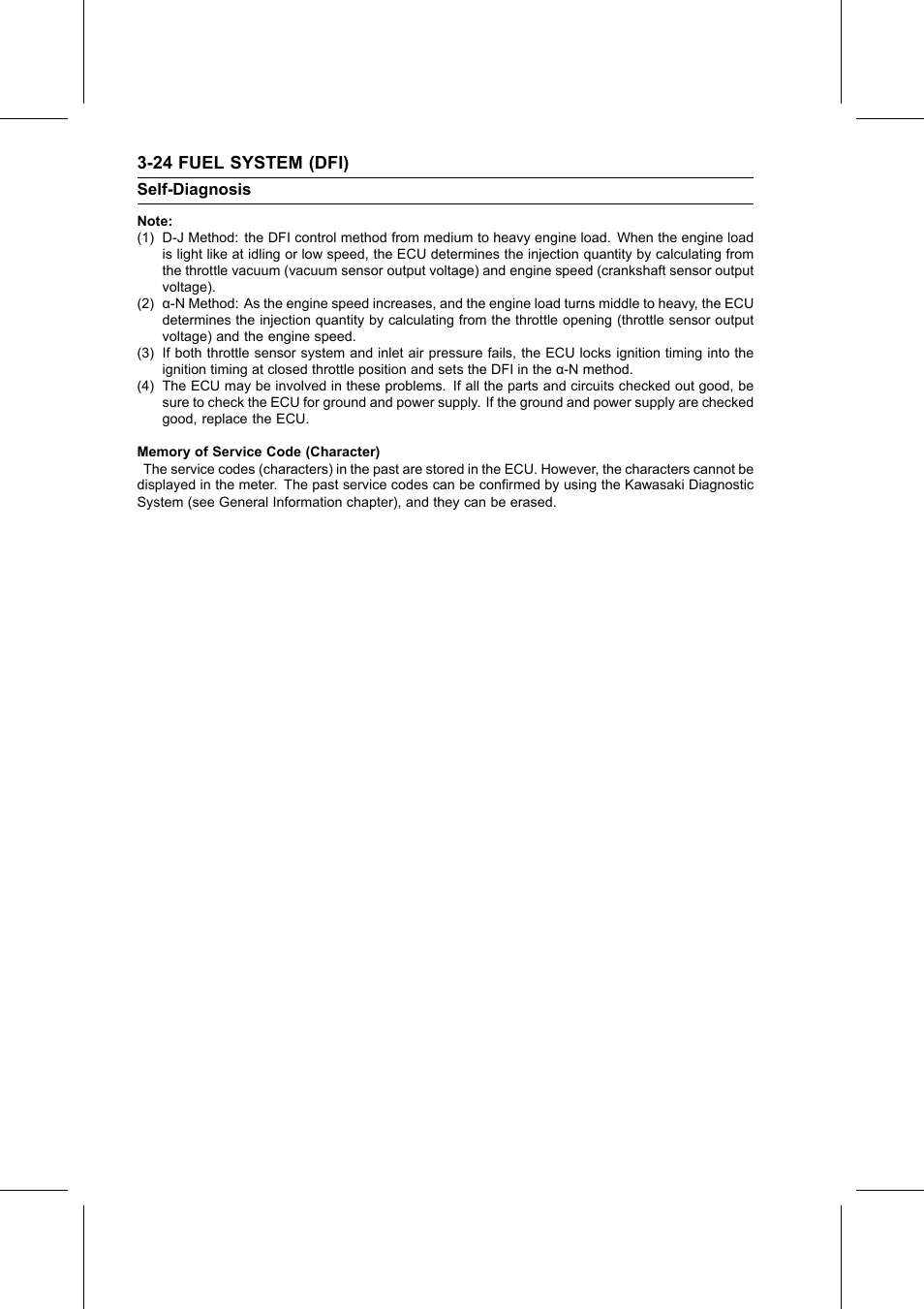 Note, Memory of service code (character), 24 fuel system (dfi) | Kawasaki STX-15F User Manual | Page 78 / 438