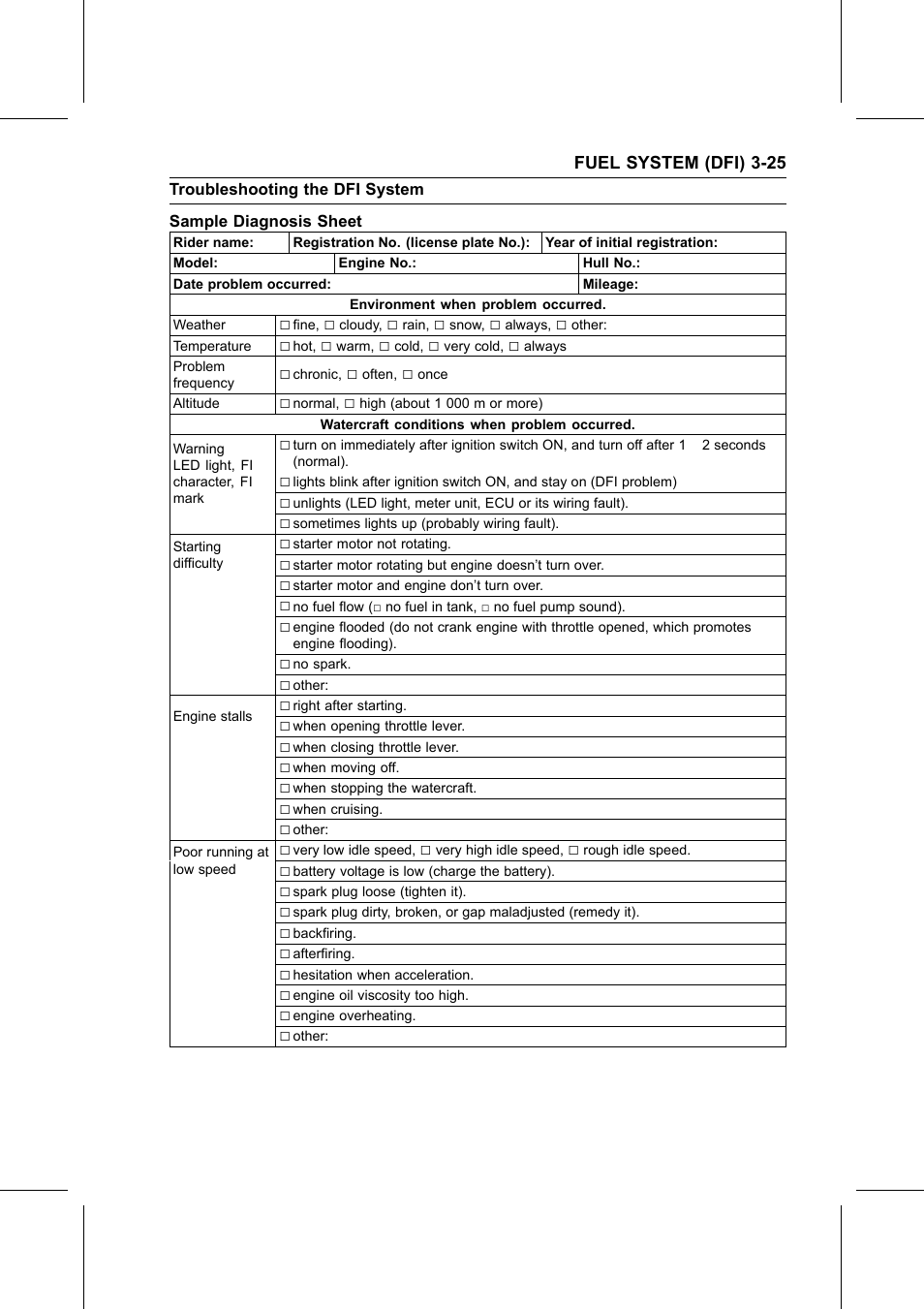 Sample diagnosis sheet, Troubleshooting the dfi system | Kawasaki STX-15F User Manual | Page 79 / 438