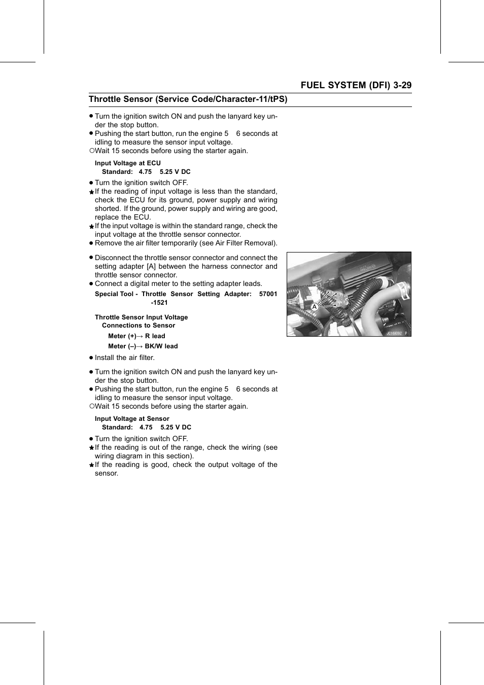 Input voltage at ecu, Throttle sensor input voltage, Input voltage at sensor | Special tool | Kawasaki STX-15F User Manual | Page 83 / 438