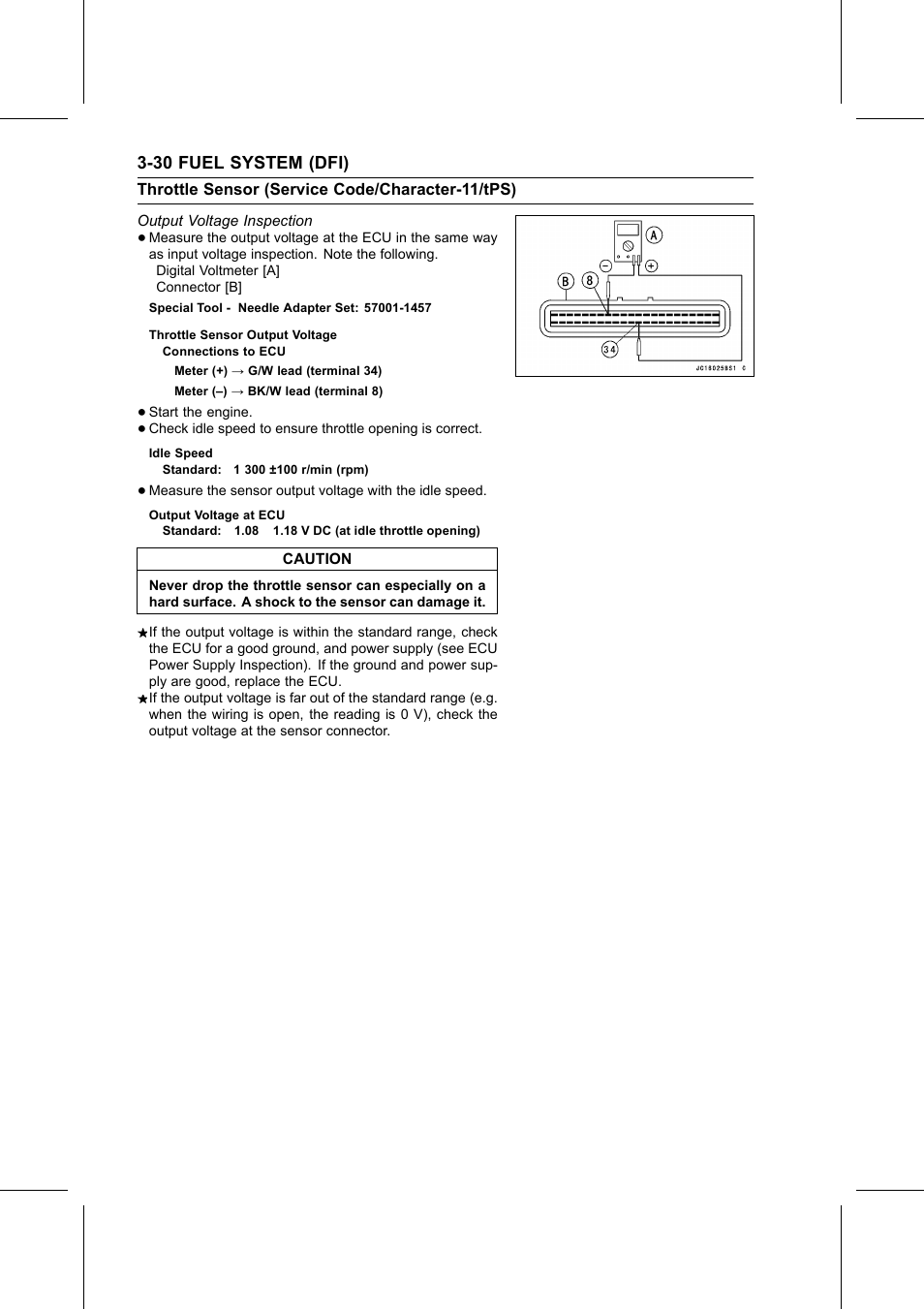 Throttle sensor output voltage, Idle speed, Output voltage at ecu | Output voltage inspection, Special tool | Kawasaki STX-15F User Manual | Page 84 / 438