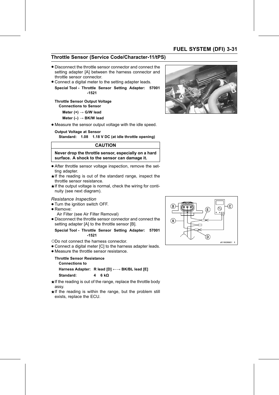 Throttle sensor output voltage, Output voltage at sensor, Throttle sensor resistance | Special tool, Resistance inspection | Kawasaki STX-15F User Manual | Page 85 / 438