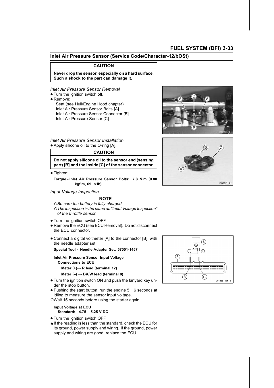 Inlet air pressure sensor input voltage, Input voltage at ecu, Caution | Inlet air pressure sensor removal, Inlet air pressure sensor installation, Torque, Input voltage inspection, Special tool, Inlet air pressure | Kawasaki STX-15F User Manual | Page 87 / 438