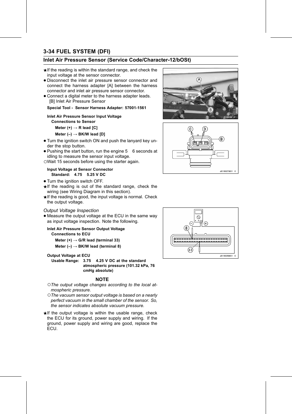 Inlet air pressure sensor input voltage, Input voltage at sensor connector, Inlet air pressure sensor output voltage | Output voltage at ecu, Special tool, Output voltage inspection | Kawasaki STX-15F User Manual | Page 88 / 438