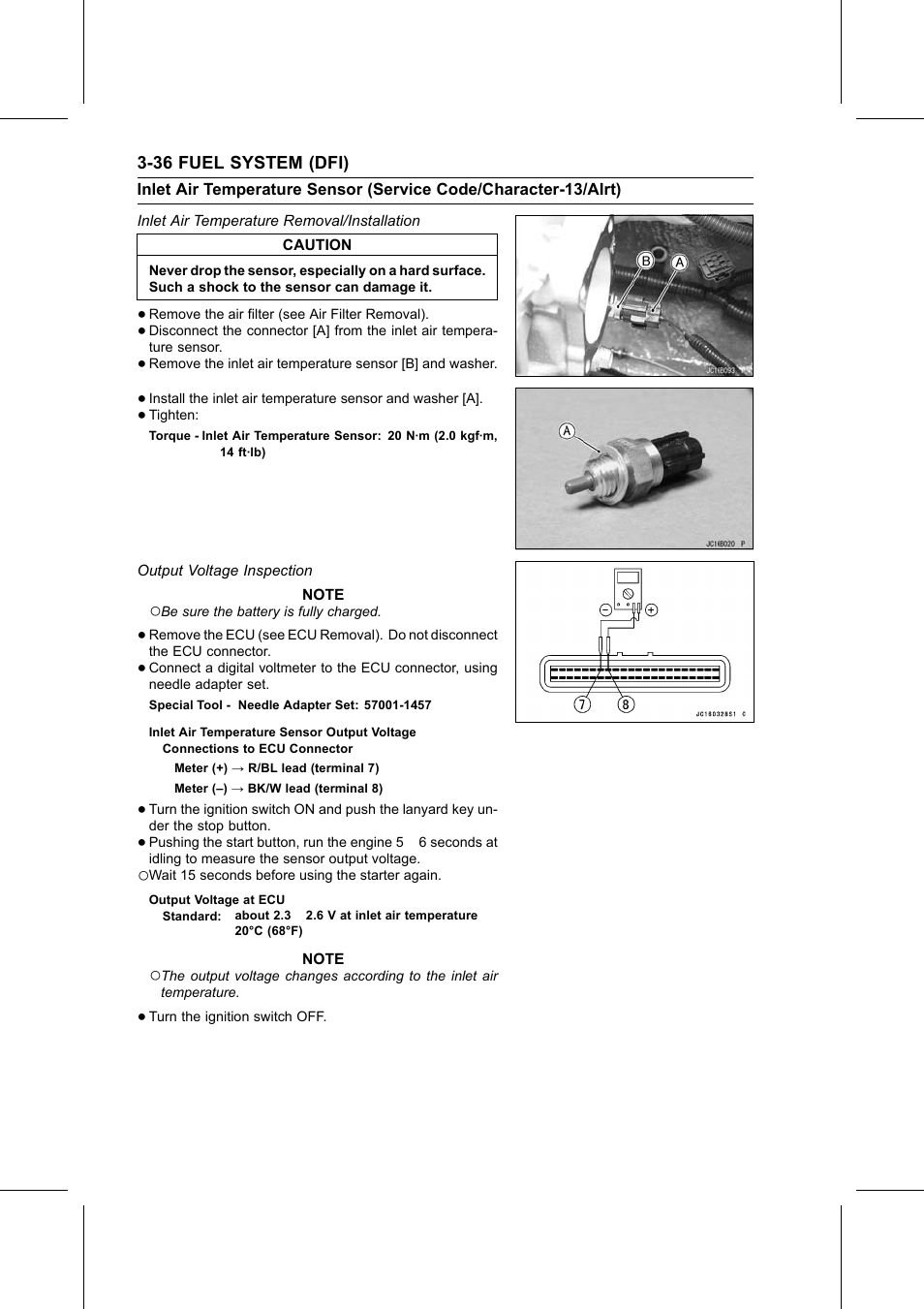 Inlet air temperature sensor output voltage, Output voltage at ecu, Inlet air temperature removal/installation | Torque, Output voltage inspection, Special tool, Inlet air temperature | Kawasaki STX-15F User Manual | Page 90 / 438