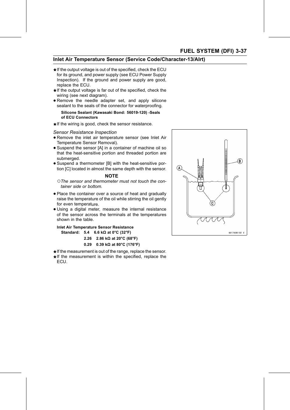 Inlet air temperature sensor resistance, Sensor resistance inspection | Kawasaki STX-15F User Manual | Page 91 / 438