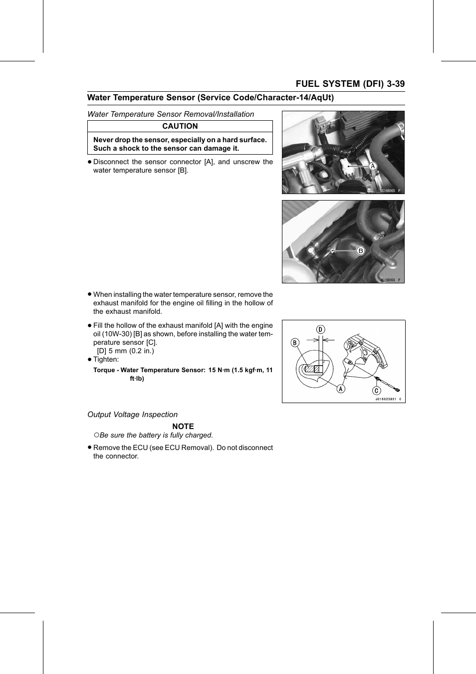 Water temperature sensor removal/installation, Torque, Output voltage inspection | Water temperature | Kawasaki STX-15F User Manual | Page 93 / 438