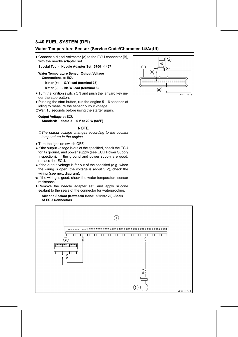Water temperature sensor output voltage, Output voltage at ecu, Special tool | Kawasaki STX-15F User Manual | Page 94 / 438