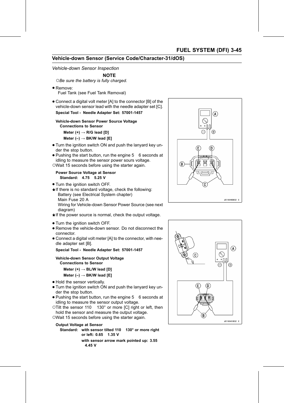 Vehicle-down sensor power source voltage, Power source voltage at sensor, Vehicle-down sensor output voltage | Output voltage at sensor, Vehicle-down sensor inspection, Special tool | Kawasaki STX-15F User Manual | Page 99 / 438