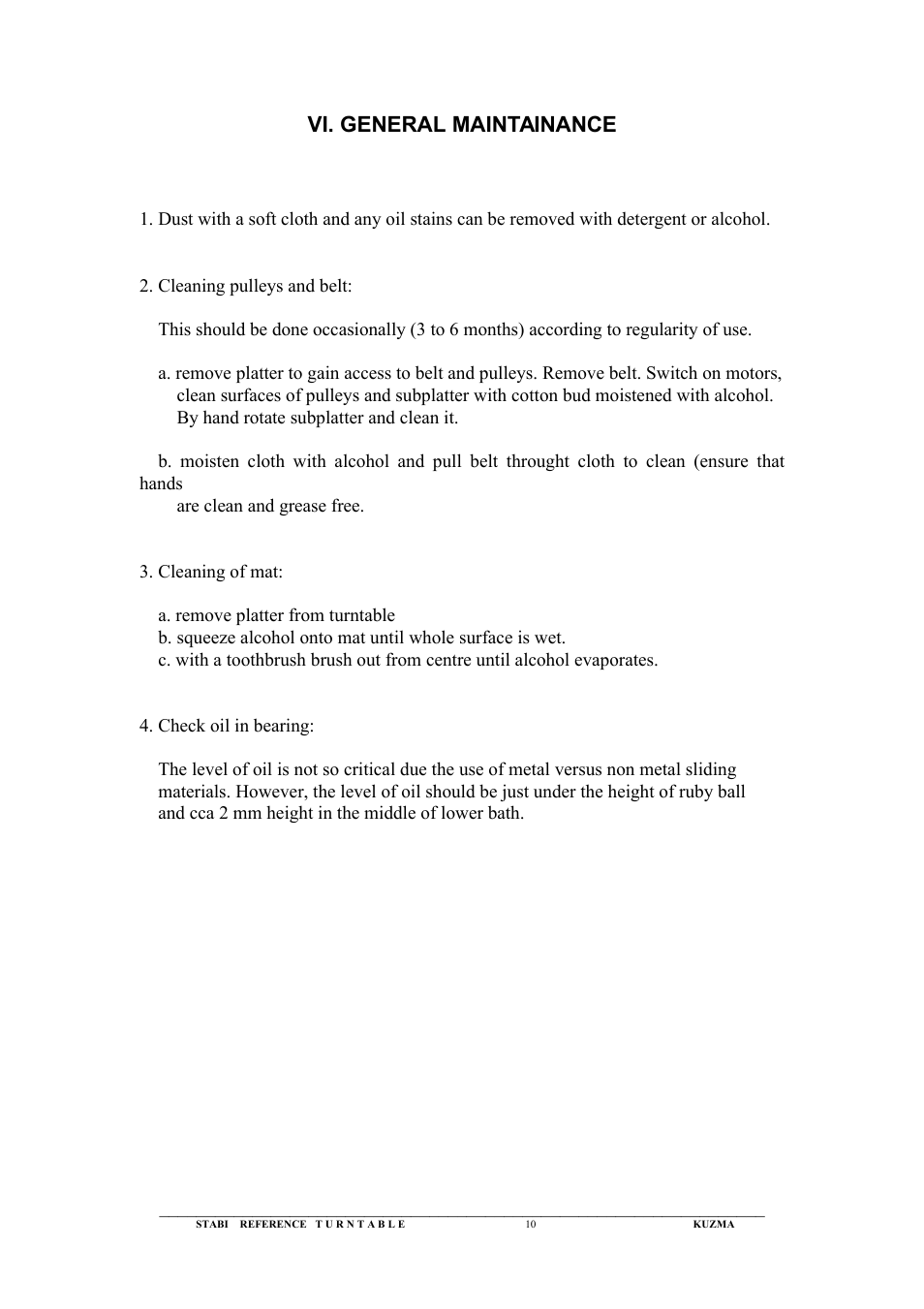Vi. general maintainance | Kuzma Stabi Ref 1992 User Manual | Page 10 / 12