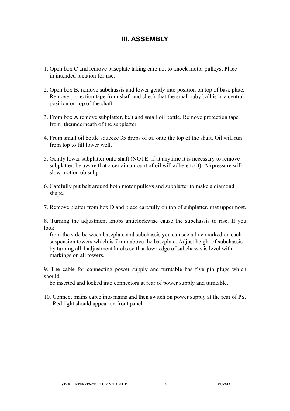 Iii. assembly | Kuzma Stabi Ref 1992 User Manual | Page 6 / 12