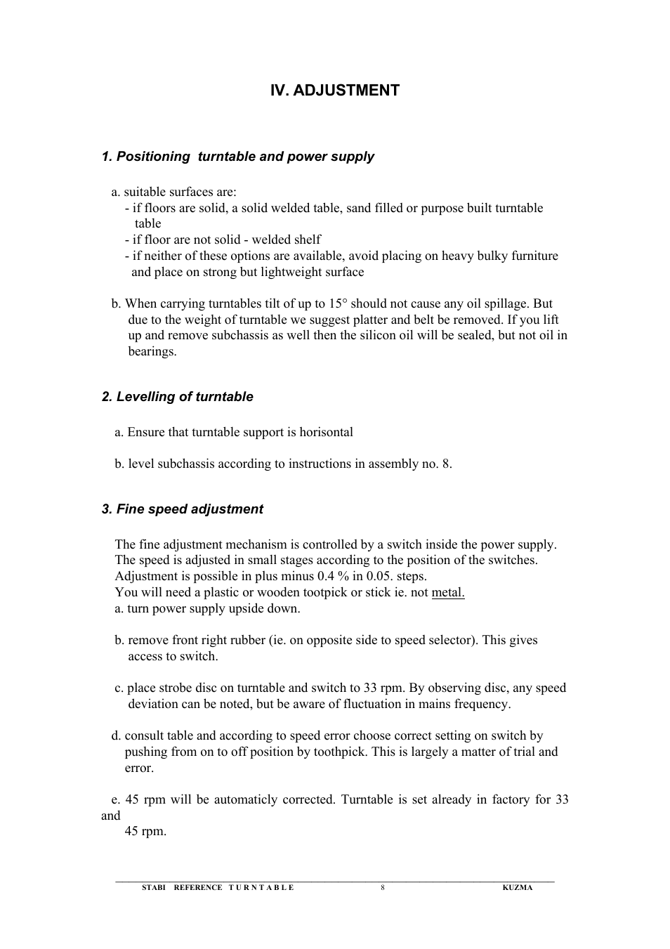 Iv. adjustment | Kuzma Stabi Ref 1992 User Manual | Page 8 / 12