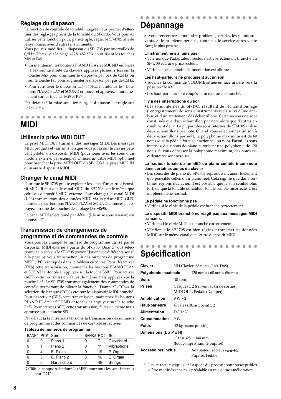 Midi, Dépannage, Spécification | Réglage du diapason, Utiliser la prise midi out, Changer le canal midi | KORG Digital Piano SP-170S User Manual | Page 10 / 15