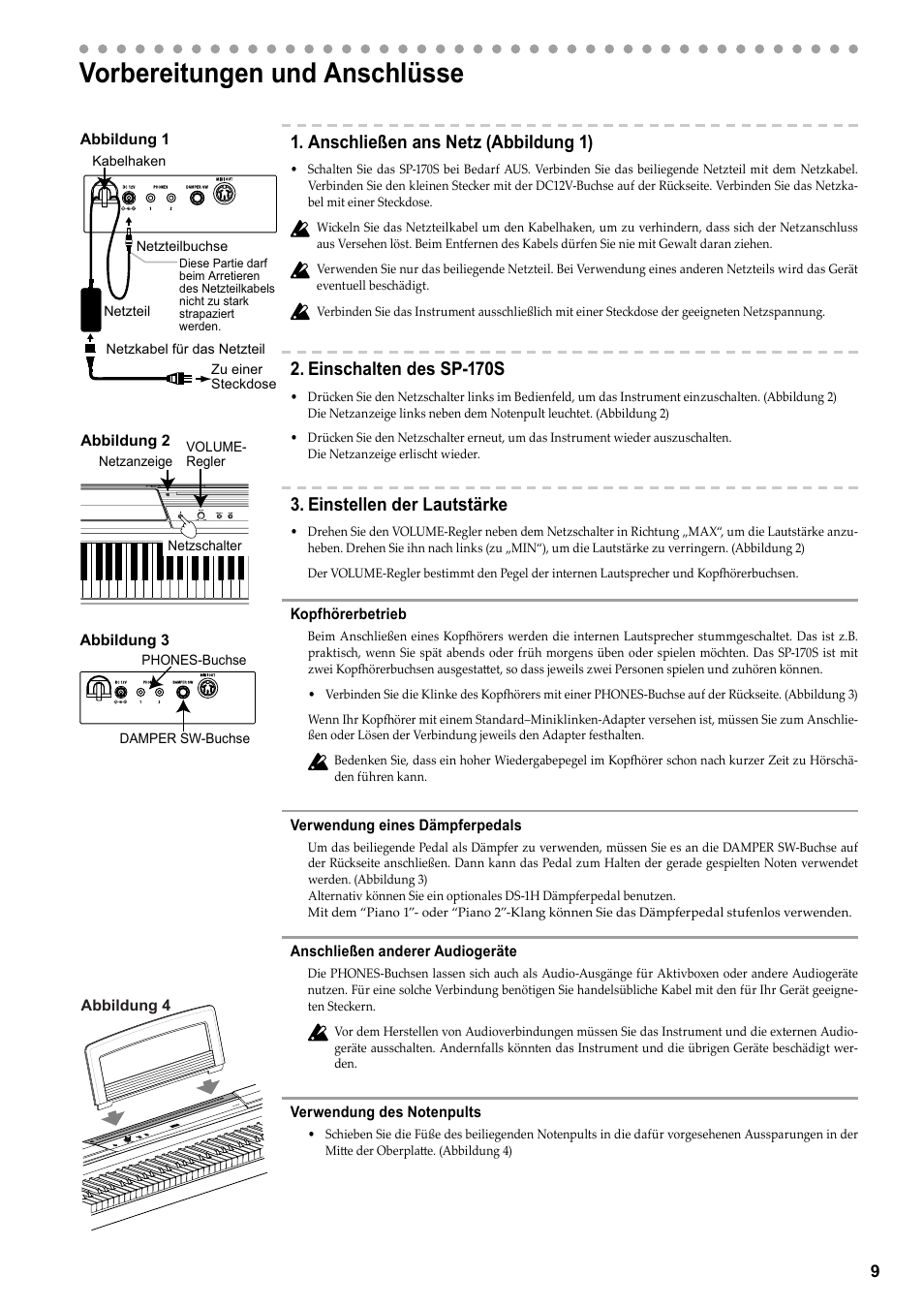 Deutsch, Vorbereitungen und anschlüsse, Anschließen ans netz (abbildung 1) | Einschalten des sp-170s, Einstellen der lautstärke | KORG Digital Piano SP-170S User Manual | Page 11 / 15
