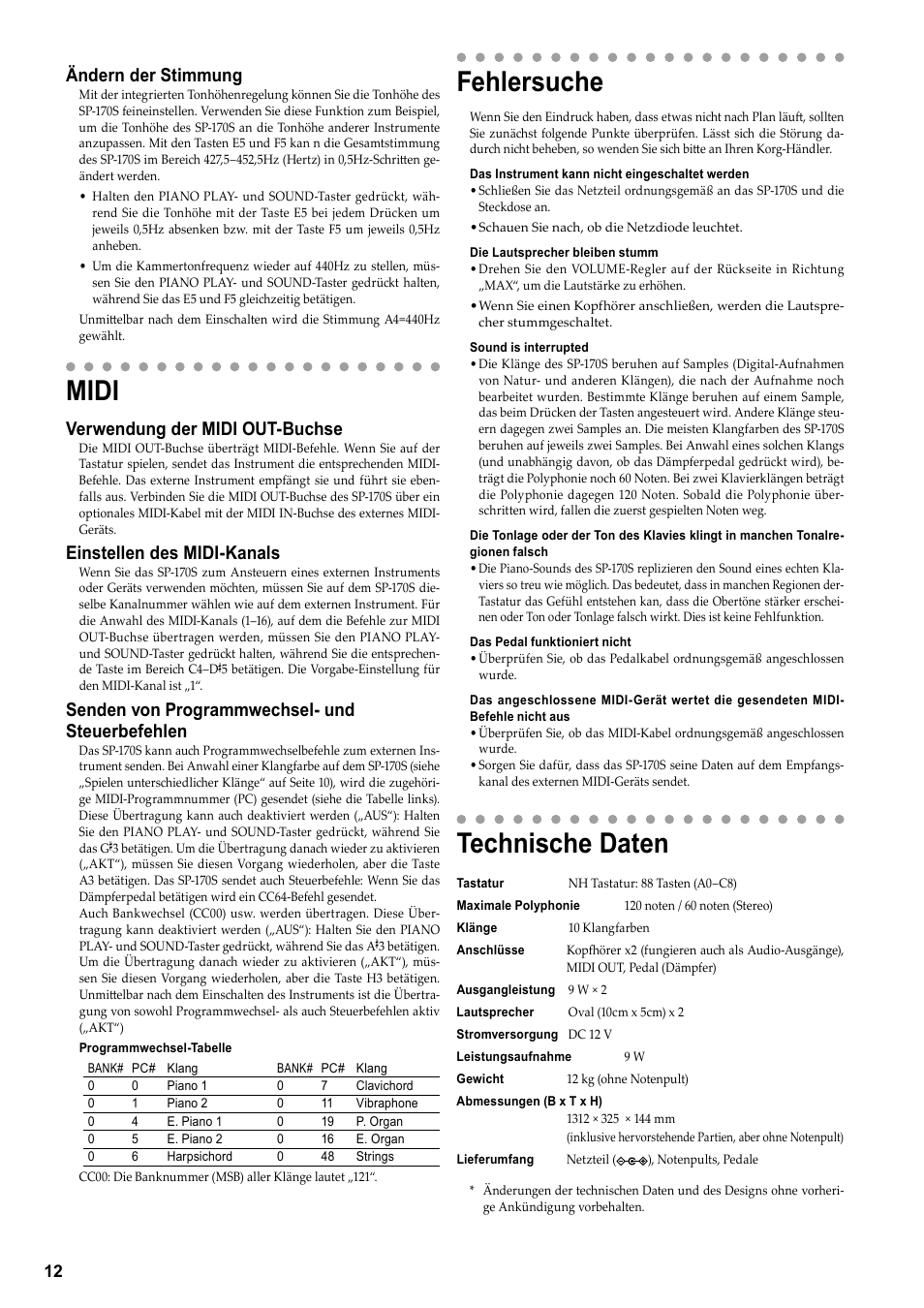 Midi, Fehlersuche, Technische daten | Ändern der stimmung, Verwendung der midi out-buchse, Einstellen des midi-kanals, Senden von programmwechsel- und steuerbefehlen | KORG Digital Piano SP-170S User Manual | Page 14 / 15