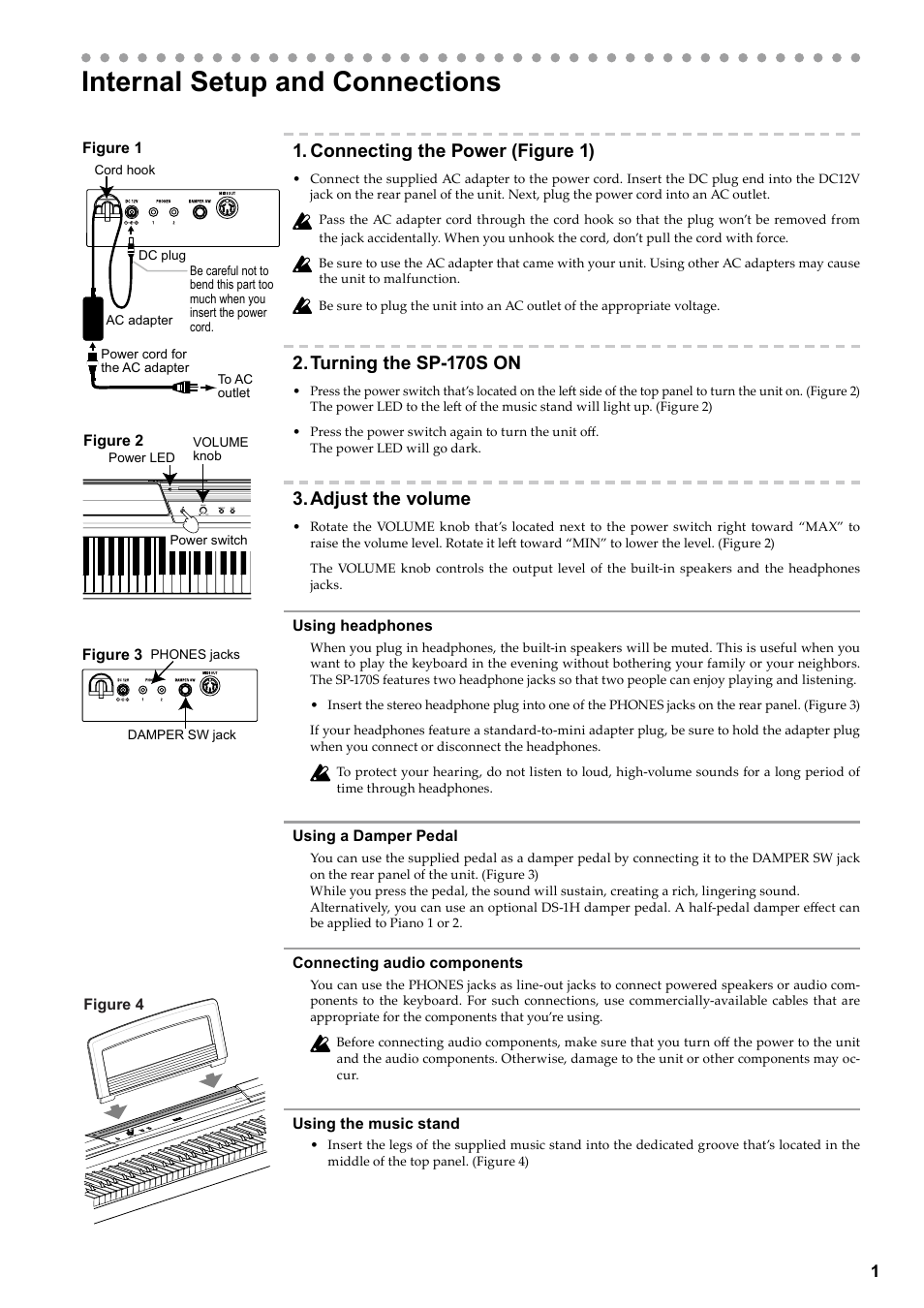 English, Internal setup and connections, Connecting the power (figure 1) | Turning the sp-170s on, Adjust the volume | KORG Digital Piano SP-170S User Manual | Page 3 / 15