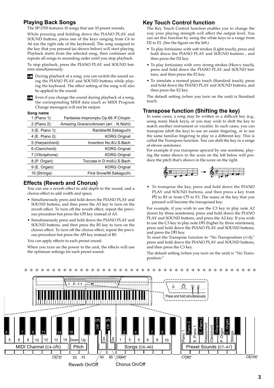 Playing back songs, Effects (reverb and chorus), Key touch control function | Transpose function (shifting the key) | KORG Digital Piano SP-170S User Manual | Page 5 / 15