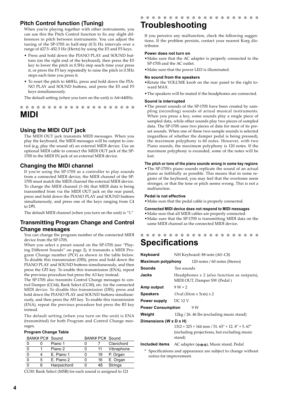 Midi, Troubleshooting, Specifications | Pitch control function (tuning), Using the midi out jack, Changing the midi channel | KORG Digital Piano SP-170S User Manual | Page 6 / 15