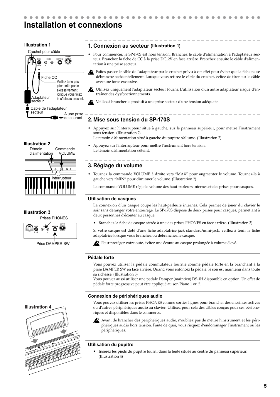 Français, Installation et connexions, Connexion au secteur | Mise sous tension du sp-170s, Réglage du volume | KORG Digital Piano SP-170S User Manual | Page 7 / 15