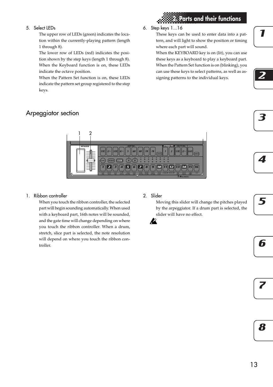 Arpeggiator section, 13 2. parts and their functions | KORG ESX-1 User Manual | Page 13 / 108