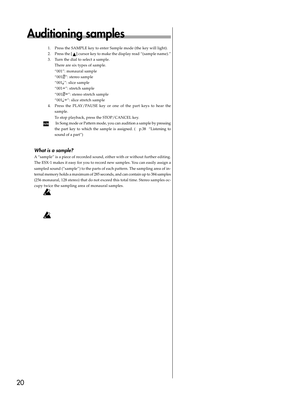 Auditioning samples, What is a sample, Recording a new sample | KORG ESX-1 User Manual | Page 20 / 108