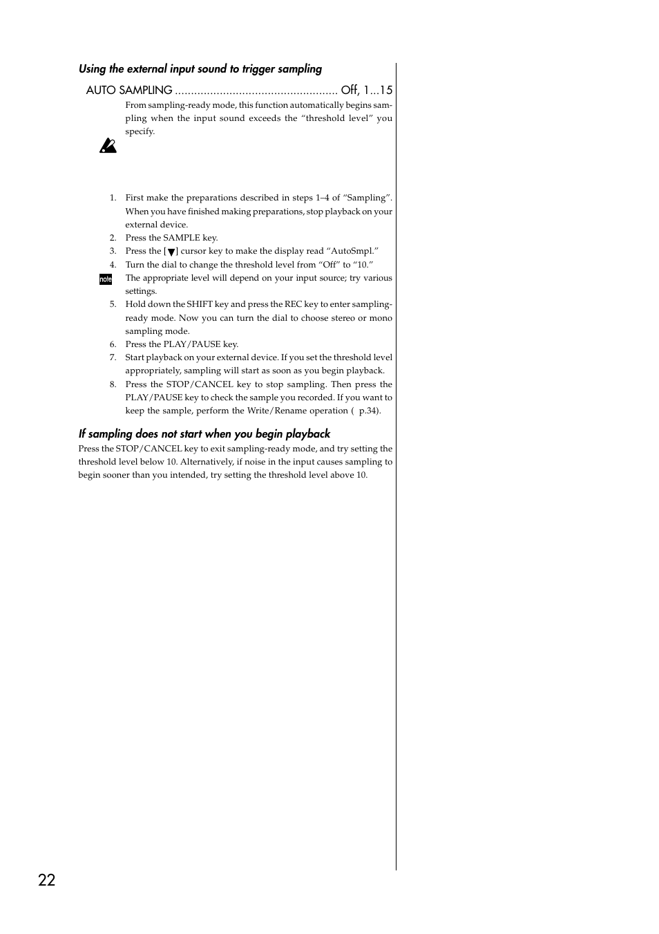 Using the external input sound to trigger sampling, If sampling does not start when you begin playback, Editing a sample | KORG ESX-1 User Manual | Page 22 / 108