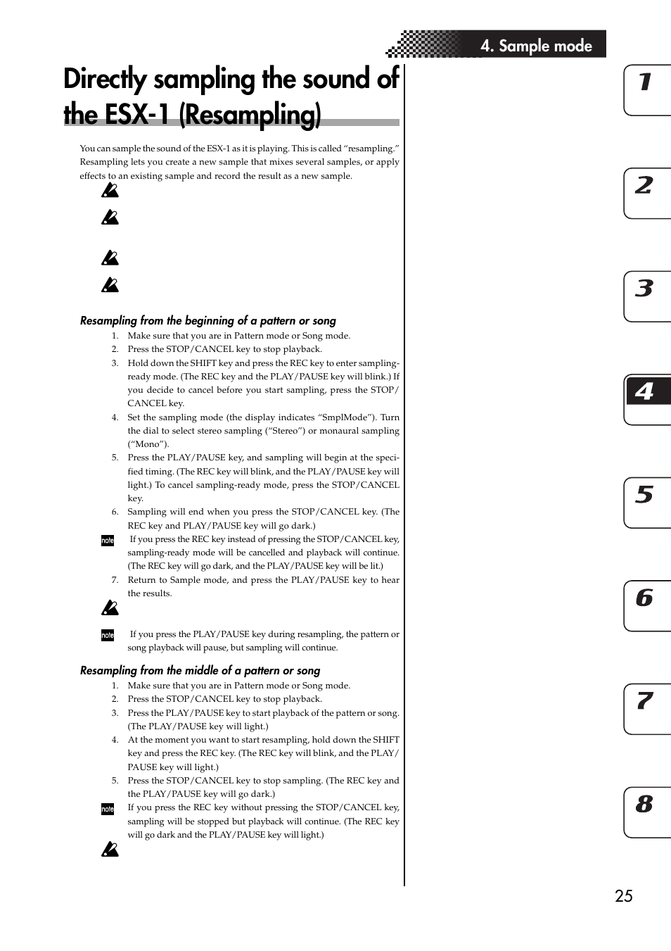 Resampling from the beginning of a pattern or song, Resampling from the middle of a pattern or song, 25 4. sample mode | KORG ESX-1 User Manual | Page 25 / 108
