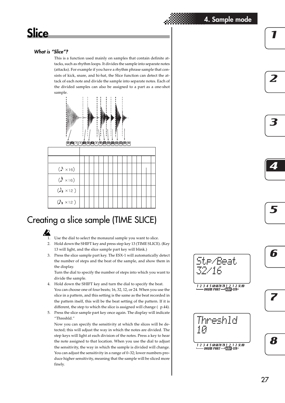 Slice, What is “slice, Creating a slice sample (time slice) | 27 4. sample mode | KORG ESX-1 User Manual | Page 27 / 108