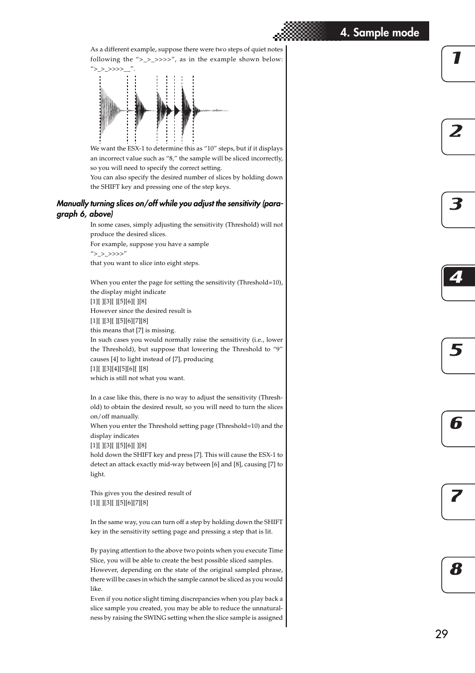 Using individual sample slices, Sensitivity (paragraph 6, above), 29 4. sample mode | KORG ESX-1 User Manual | Page 29 / 108