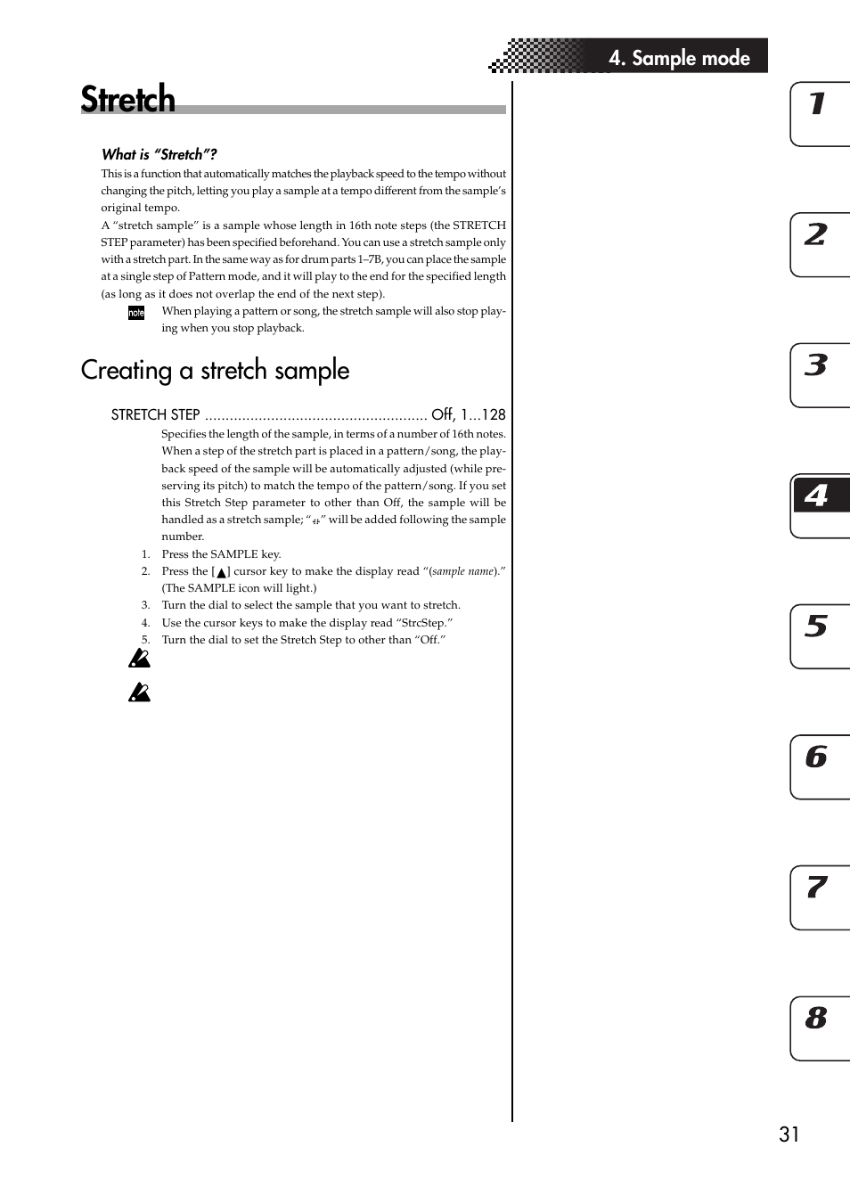 Stretch, What is “stretch, Creating a stretch sample | Convenient sample-editing functions32, Normalize, 31 4. sample mode | KORG ESX-1 User Manual | Page 31 / 108