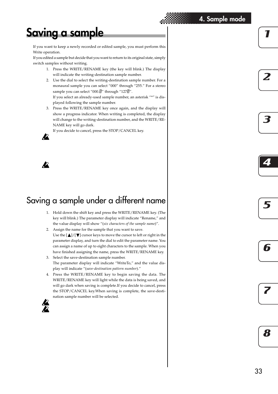 Saving a sample, Saving a sample under a different name, 33 4. sample mode | KORG ESX-1 User Manual | Page 33 / 108