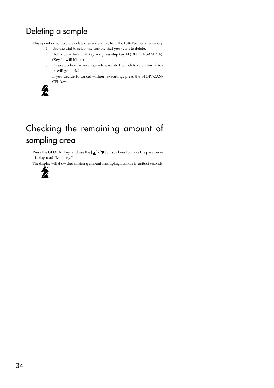 Deleting a sample, Checking the remaining amount of sampling area | KORG ESX-1 User Manual | Page 34 / 108