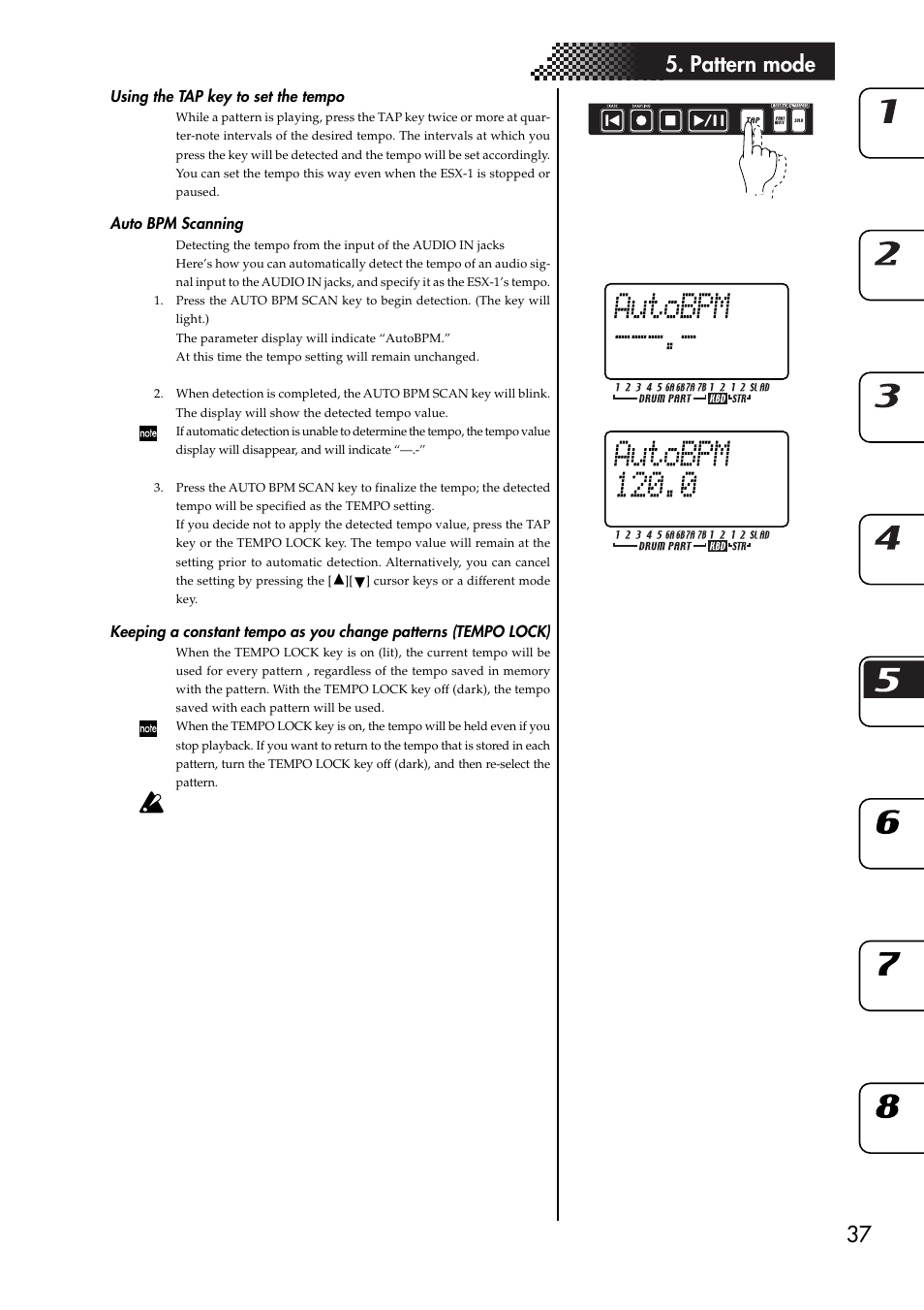 Using the tap key to set the tempo, Auto bpm scanning, Tempo lock) | Playing the sound of a part, 37 5. pattern mode | KORG ESX-1 User Manual | Page 37 / 108