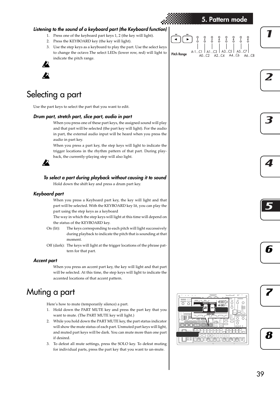 Selecting a part, Drum part, stretch part, slice part, audio in part, Keyboard part | Accent part, Muting a part, Function), Sound, Keyboard part accent part, 39 5. pattern mode | KORG ESX-1 User Manual | Page 39 / 108
