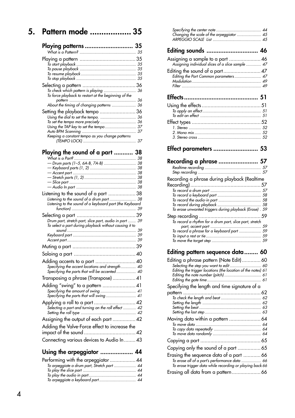 Pattern mode, Playing patterns, Playing the sound of a part | Using the arpeggiator, Editing sounds, Effects, Effect parameters recording a phrase, Editing pattern sequence data | KORG ESX-1 User Manual | Page 4 / 108